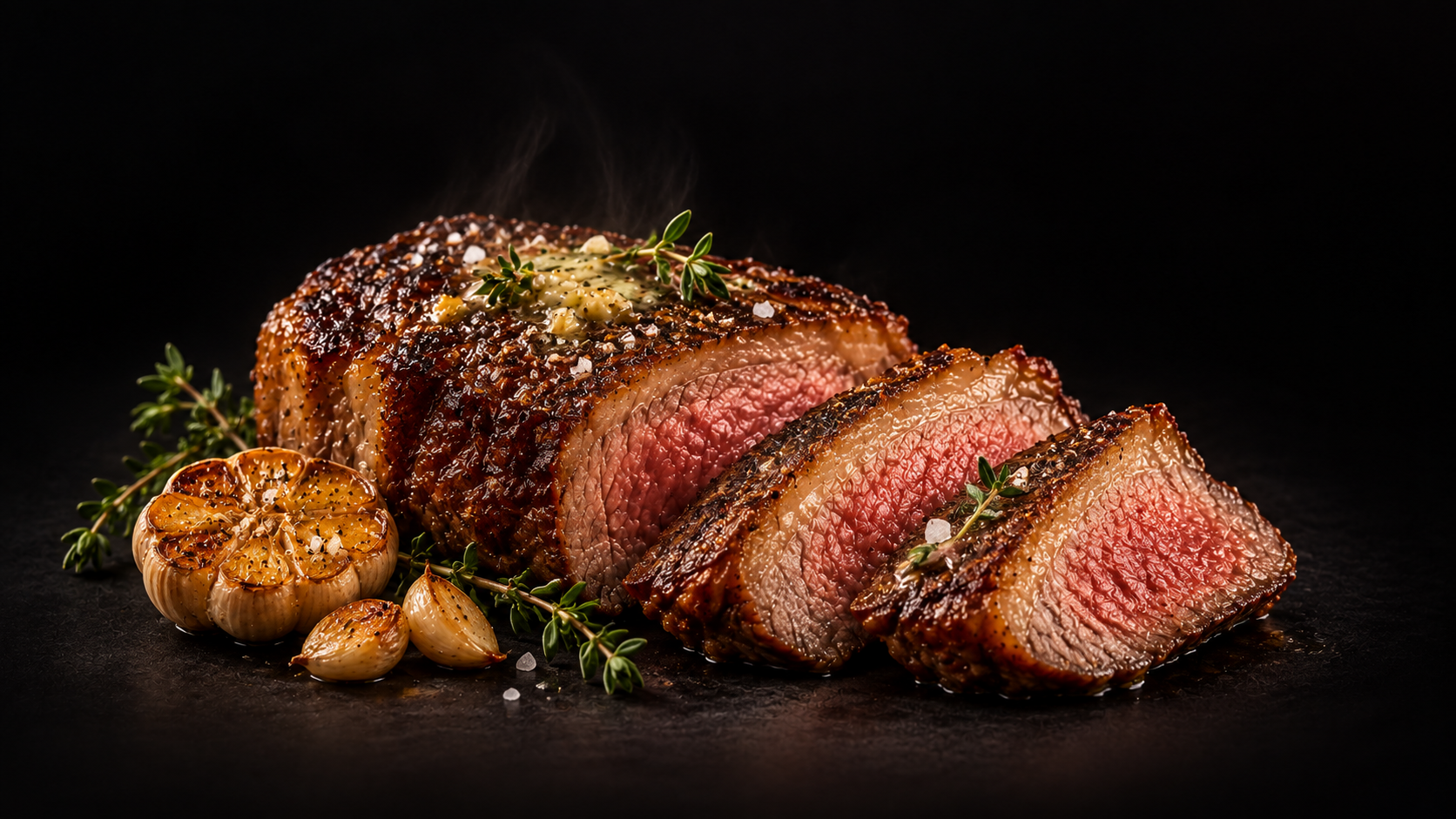Butter-glazed steak with tender rosy slices, fresh thyme and golden roasted garlic against a softly fading black background
